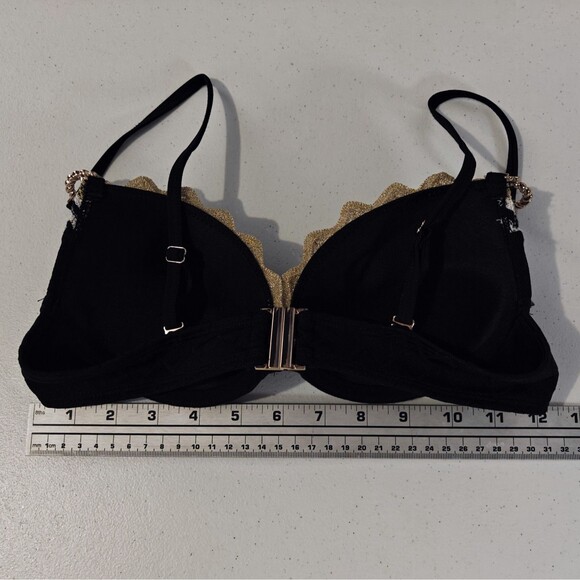 Y2K Bikini Swimsuit Crochet Pushup Bra 8 Top 6 String Small S Black Gold Mobwife - Picture 6 of 12